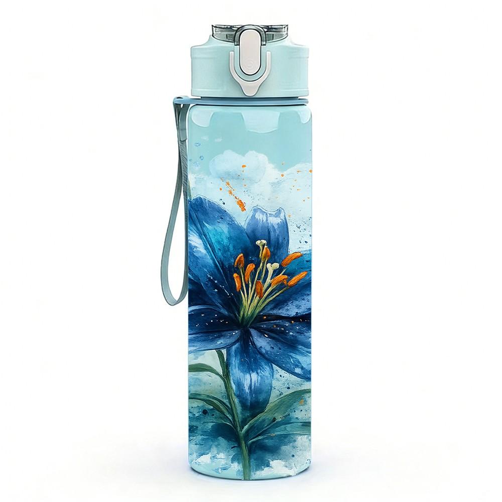 1PC Blue Poppy Watercolor Flower Pattern 750ml Color Plastic Sports Water Bottle Leakproof Flip Straw Lid Suitable for Sports Office Home Use