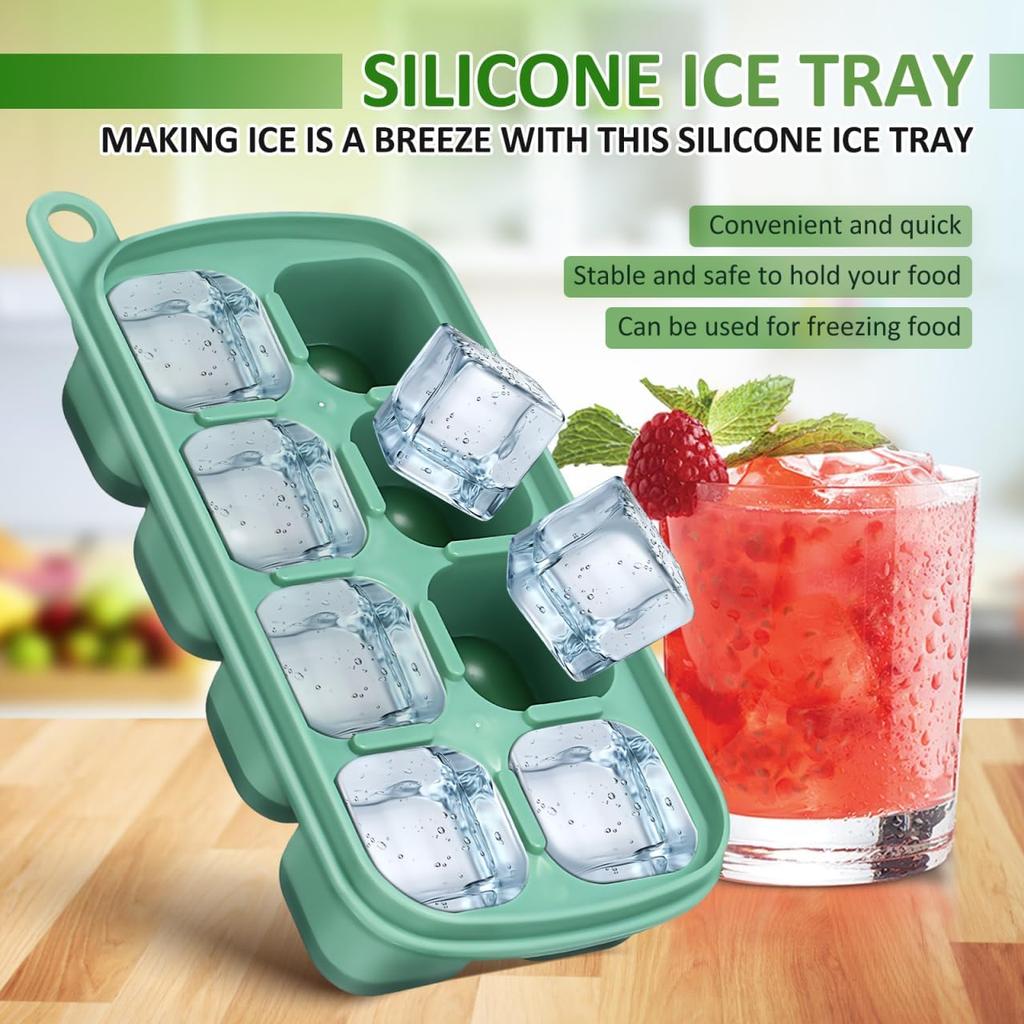 PRETYZOOM Silicone Ice Cube Tray with Lid, Easy Release Freezer Tray for Ice and Food Storage, 8-Cube Green Mold for Freezing Drinks, Juices, and