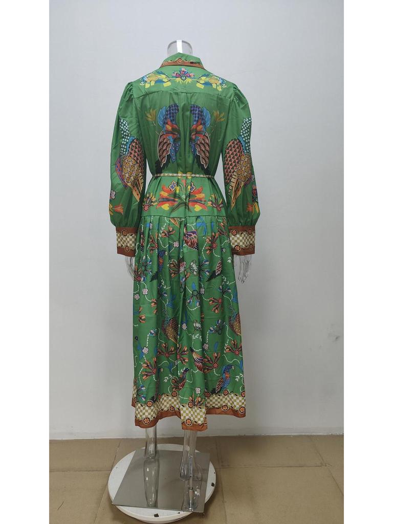 Retro Lantern Sleeve Lace-Up Printed Dress: European & American Women's Fashion
