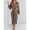 Women Rust Orange Satin V Neck Puff Sleeve Wrap Twist Waist Split Midi Dress