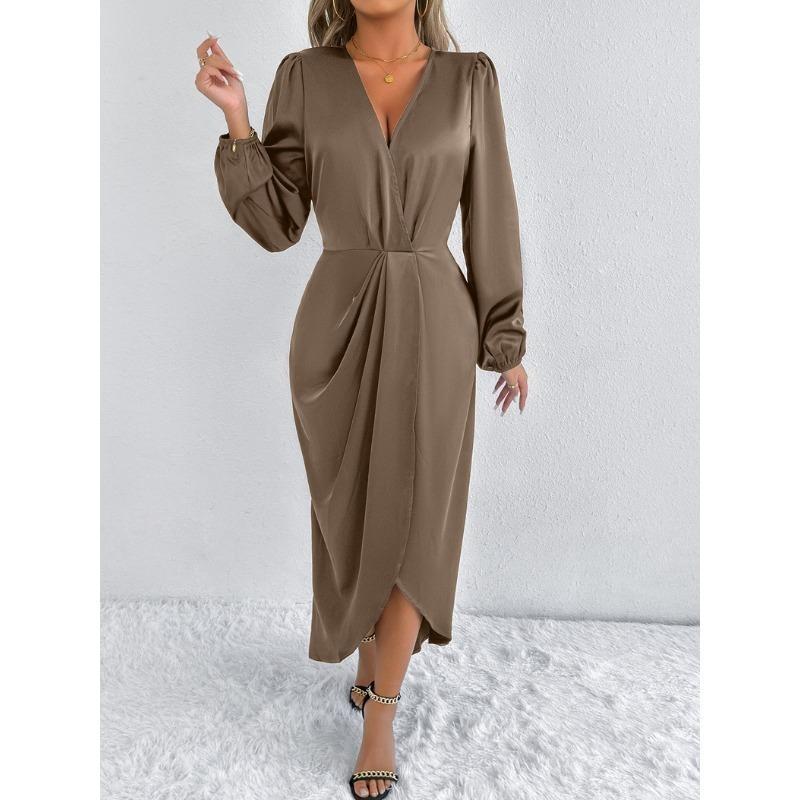 Women Rust Orange Satin V Neck Puff Sleeve Wrap Twist Waist Split Midi Dress