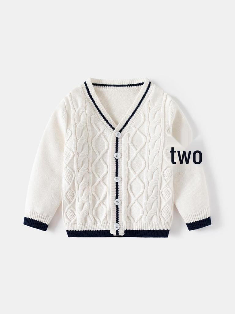 KuaJing Boys' Spring 2025 Thick Cotton Knit Cardigan Sweater, European & American Style, Single Layer, Open Front