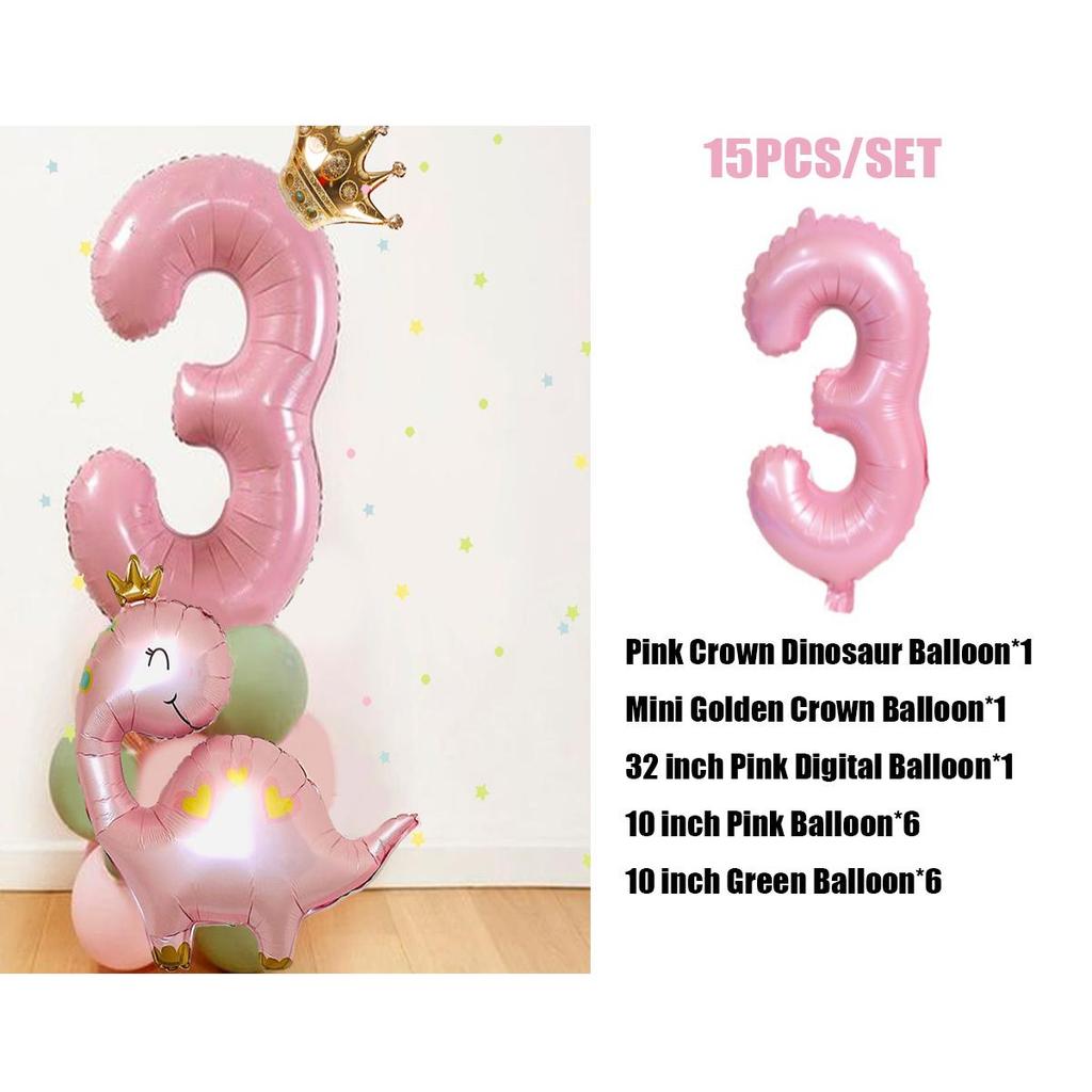 Torre de balões de dinossauro verde rosa com balão de número de 32 polegadas para decoração de festa de aniversário faça você mesmo com dinossauro para meninas