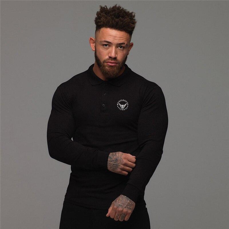 Muscleguys T-shirt da uomo primavera e autunno con colletto rovesciato, moda, traspiranti, business casual, a maniche lunghe, top da lavoro, bottoni delicati
