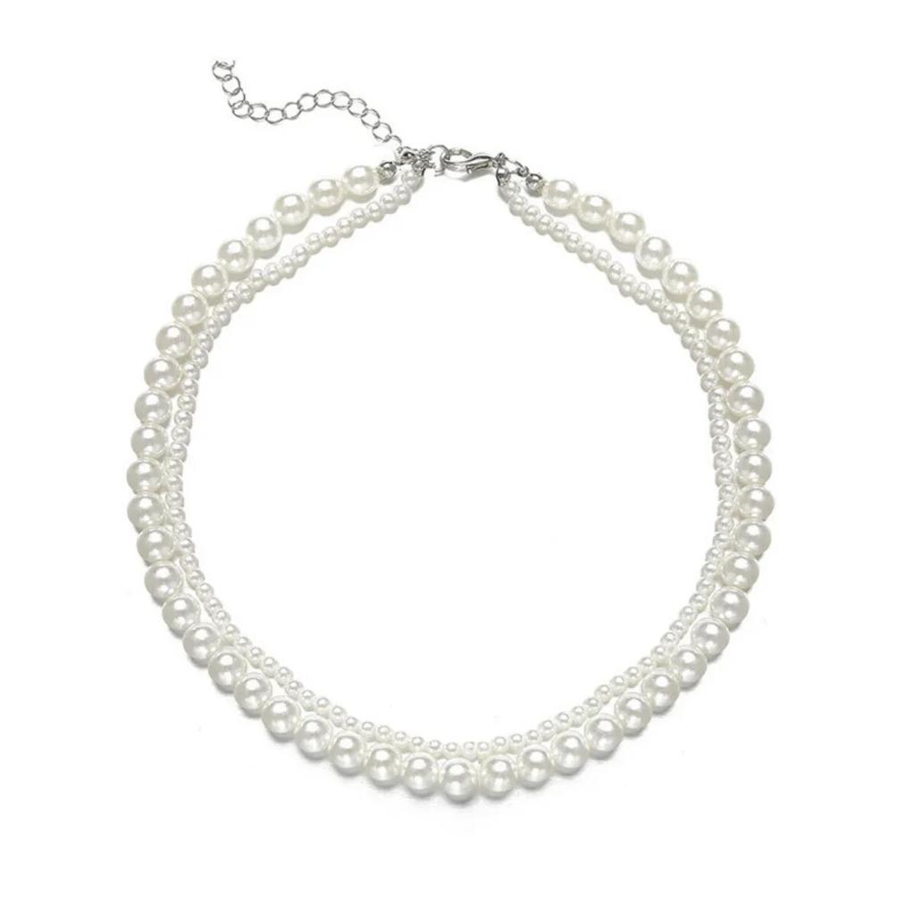 Double Layer White Round 4 8mm Shell Pearl Necklace Women's Versatile Temperament Multi Layer DIY Neck Chain Girls Jewelry