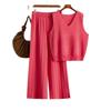 Summer fashion suit collar solid color knitted vest top + high waist casual wide leg two-piece set