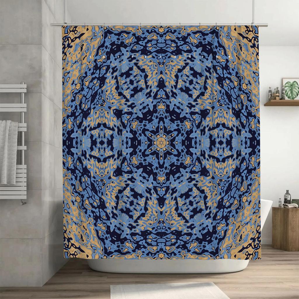 Blue Gold Bath Shower Curtain Fabric Print Home Decor Waterproof Modern Style Decorative Rainfall Pattern