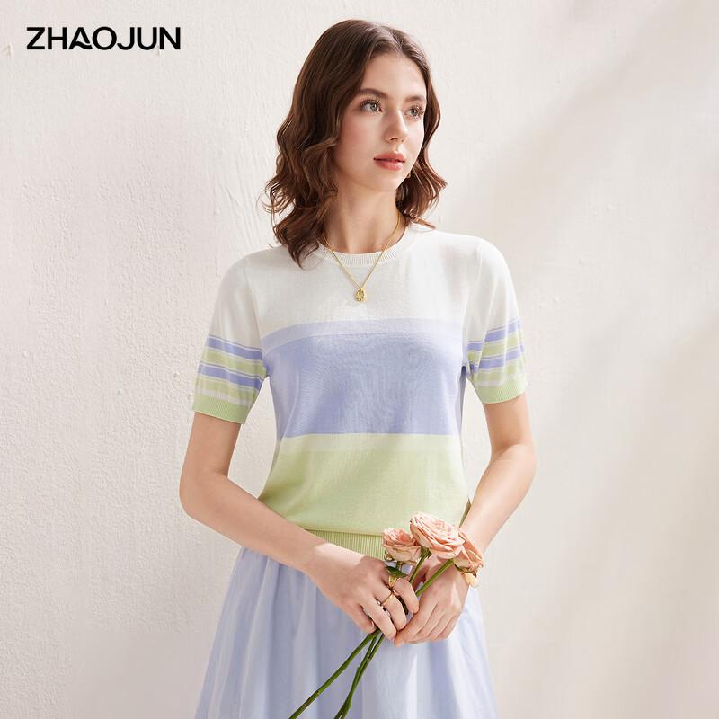 Zhaojun 2026 S/S Women s Striped Mulberry Silk Blend Knit T-Shirt XL