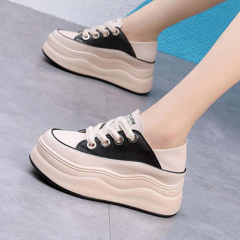 Thick-soled White Shoes for Women, Genuine Leather Heeled Shoes for Women, All-match Platform Shoes for Autumn