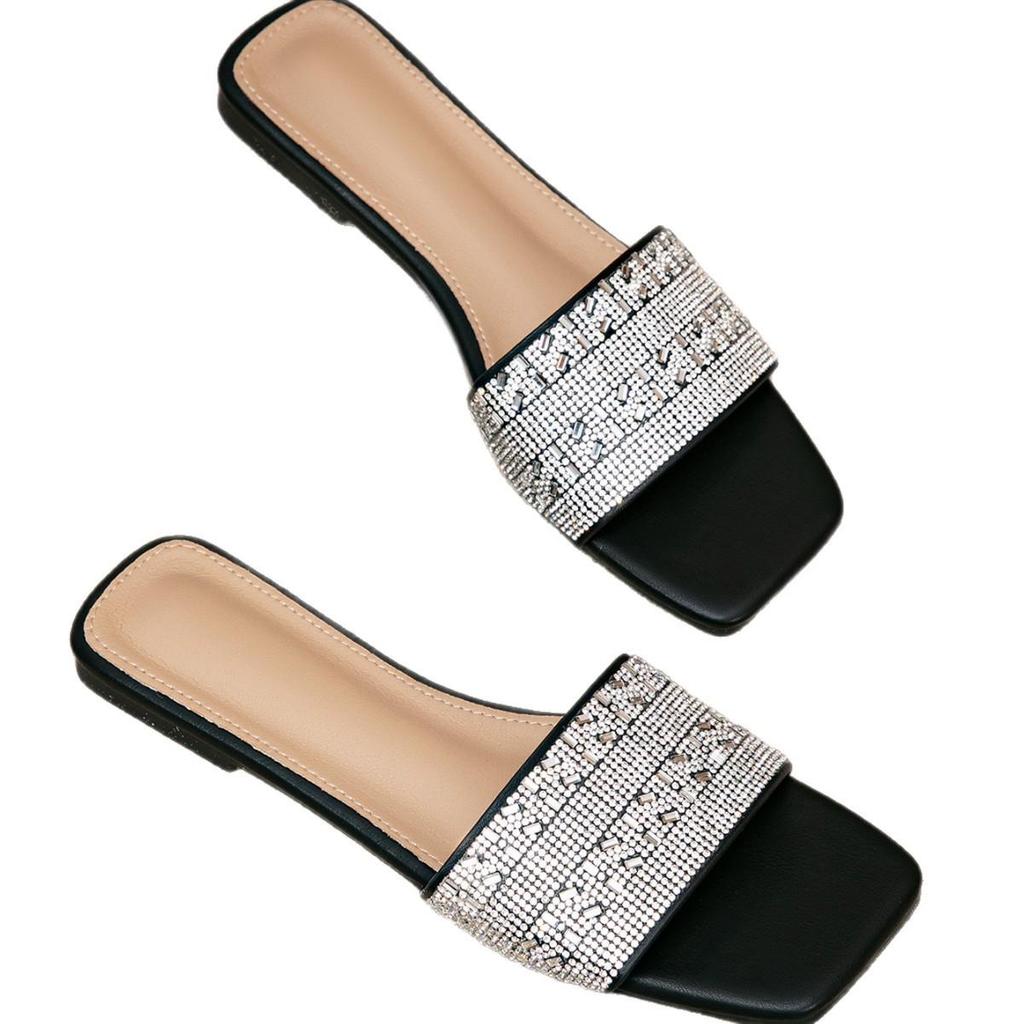 Women's Rhinestone Flat Sandals - Summer 2025 New Arrival, White Square Toe Flip-Flops, Outdoor Casual Wear.