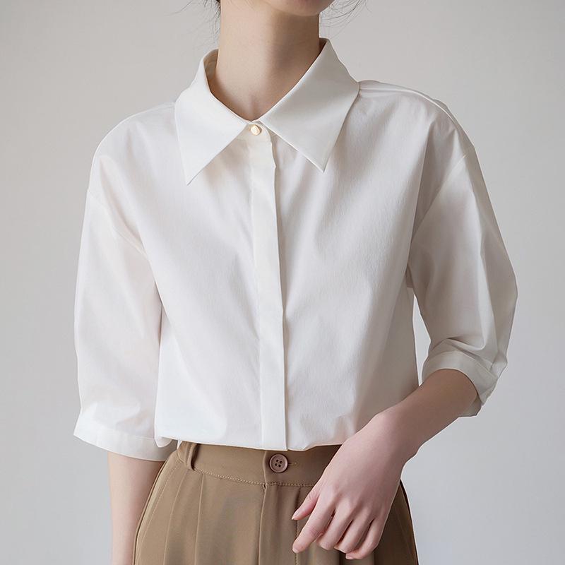 

Women s Summer Short-Sleeve White Cotton Shirt with Lapel Design for High-End Niche Commuting and Interviews XL (up to 72 kg) белый