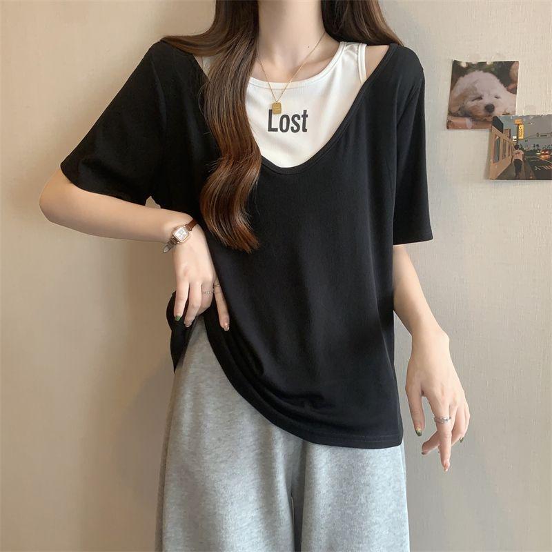 Plus Size Women's Tummy-Concealing Printed Short Sleeve Hollow-Out Loose Slimming Two-Piece T-shirt