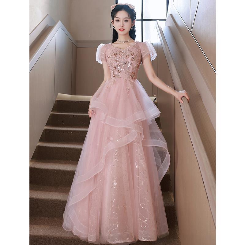 Pink banquet evening dress 1011 new French art exam host long dress bubble sleeves elegant dress
