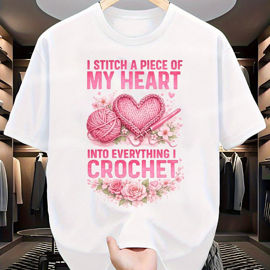 Crochet Heart Graphic Tee I Stitch My Heart Into Everything TShirt Casual Cotton Luxus Marken Graphic Tees Playeras De mujeres