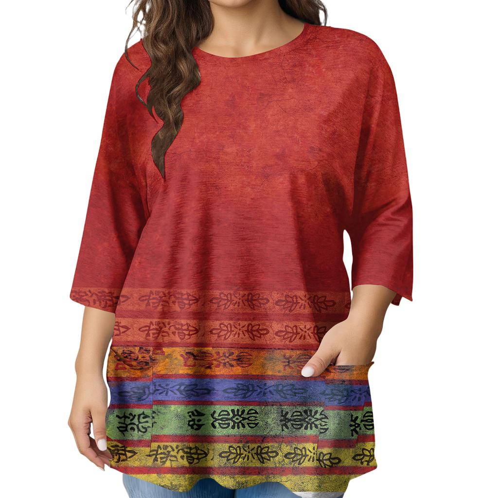 Modeblus för damer, större storlekar, med tryck, kortärmad, för elegant pendling och fritid