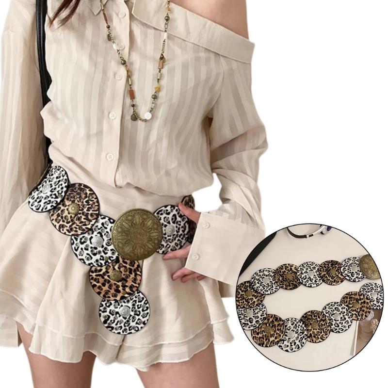 Stylish Leopard Wide Belt for Adult Western Waistband Ethnic PU Leather Embossing Buckle Waiststrap for Formal Dresses