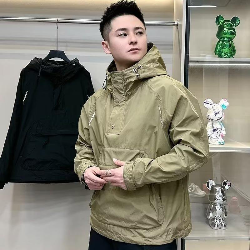 Men's Autumn Hooded Workwear Jacket with Zipper and Large Pocket - Casual, Loose, Trendy, Velvet-Lined