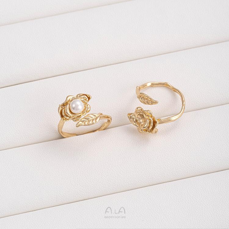 14K Gold Filled Rose Tulip Leaf Bead Cap Ring with Glue-In Pearls