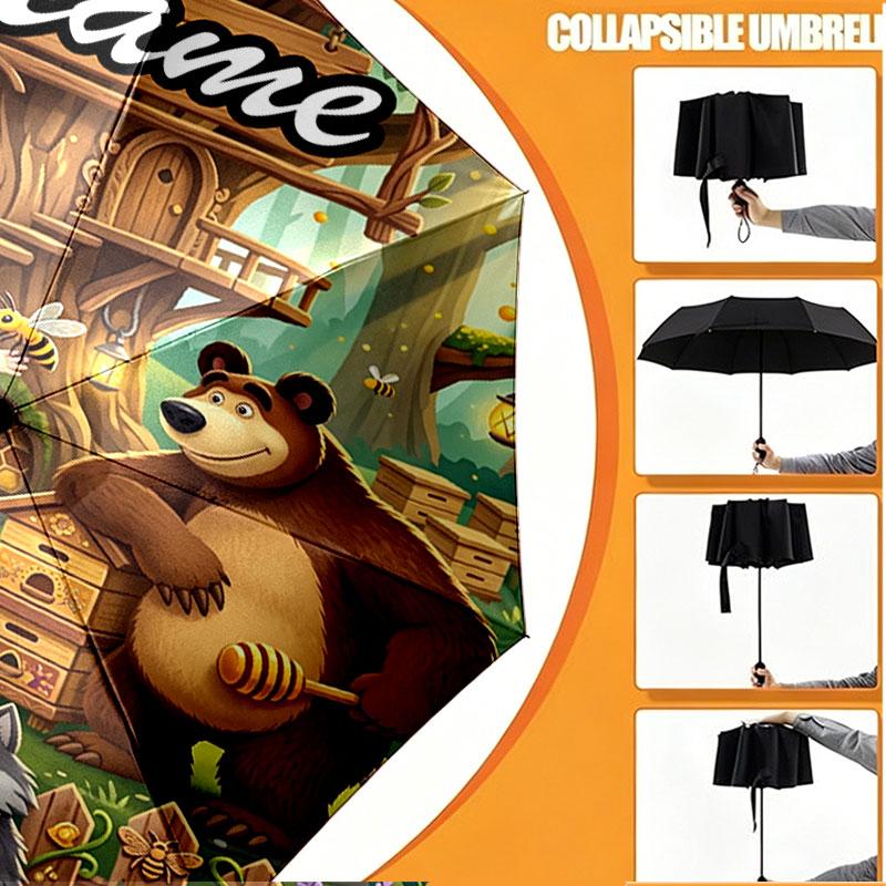 Custom Name Personalized Masha and the Bear Print Umbrella, Auto Open Close, 8‑Rib Sturdy Frame, Commute Camping Hiking Use, Birthday Gift