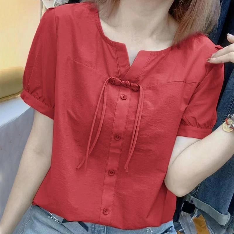 Chemise d'été pour femme, design fin, style chinois, manches courtes, couleur unie, blouse ample