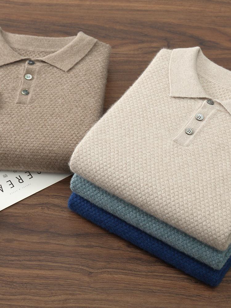 2025 Autumn/Winter Men's Solid Color Cashmere Polo Neck Knitwear, Soft & Fluffy Long Sleeve
