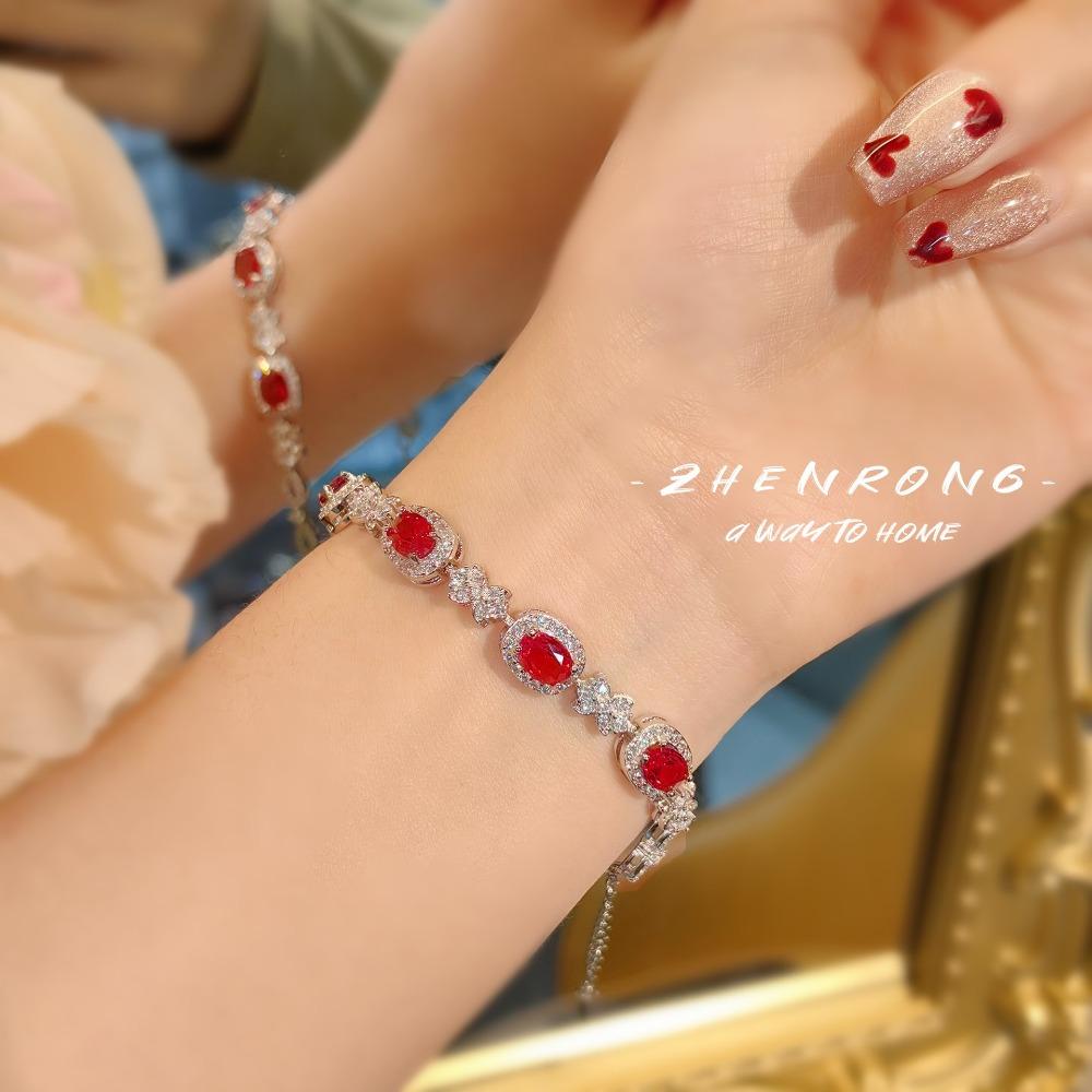 

Elegant Imitation Pigeon Blood Ruby Bracelet Red Corundum Gemstone Blue Spinel Vintage European Jewelry
