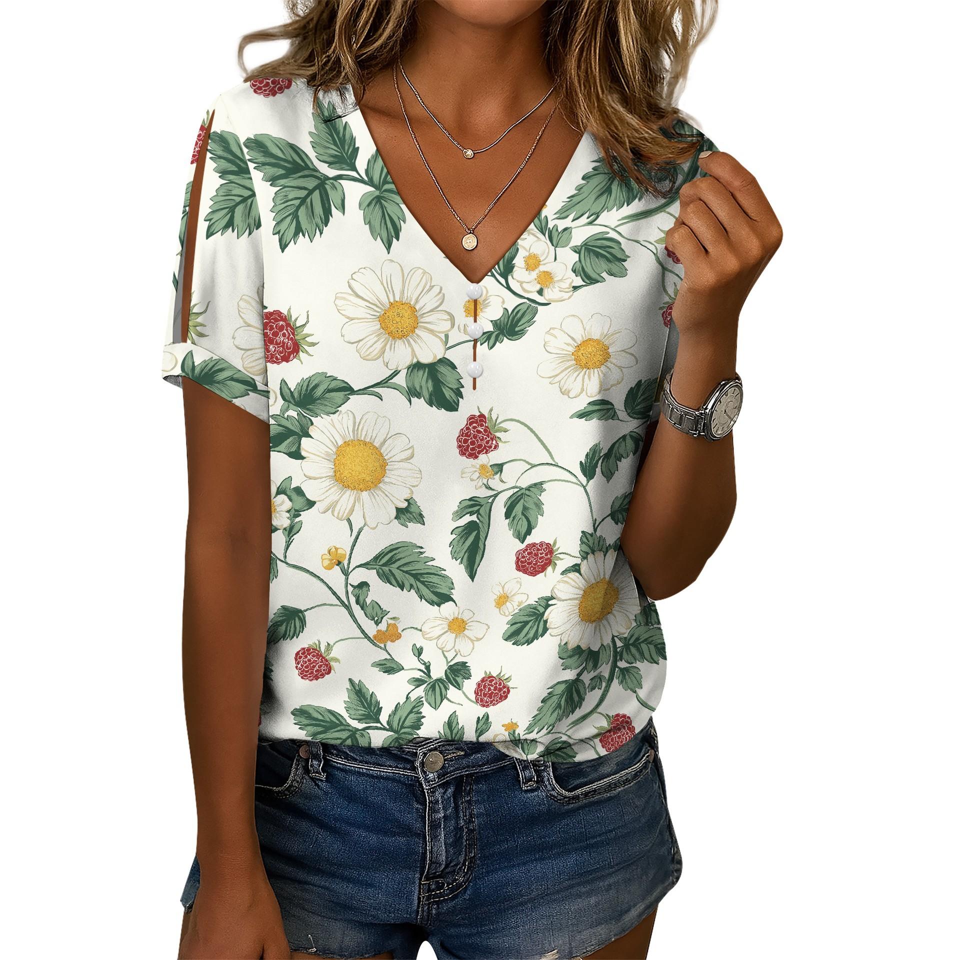 

Летняя женская футболка с коротким рукавом, с 3D-принтом, в городском повседневном стиле, с V-образным вырезом XS