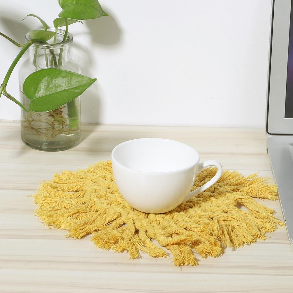 Haushalt Küche Baumwolle Kaffeetasse Untersetzer mit Quaste Hitzebeständiges Pad Platzset Dekoration(Gelbes Herzförmiges)