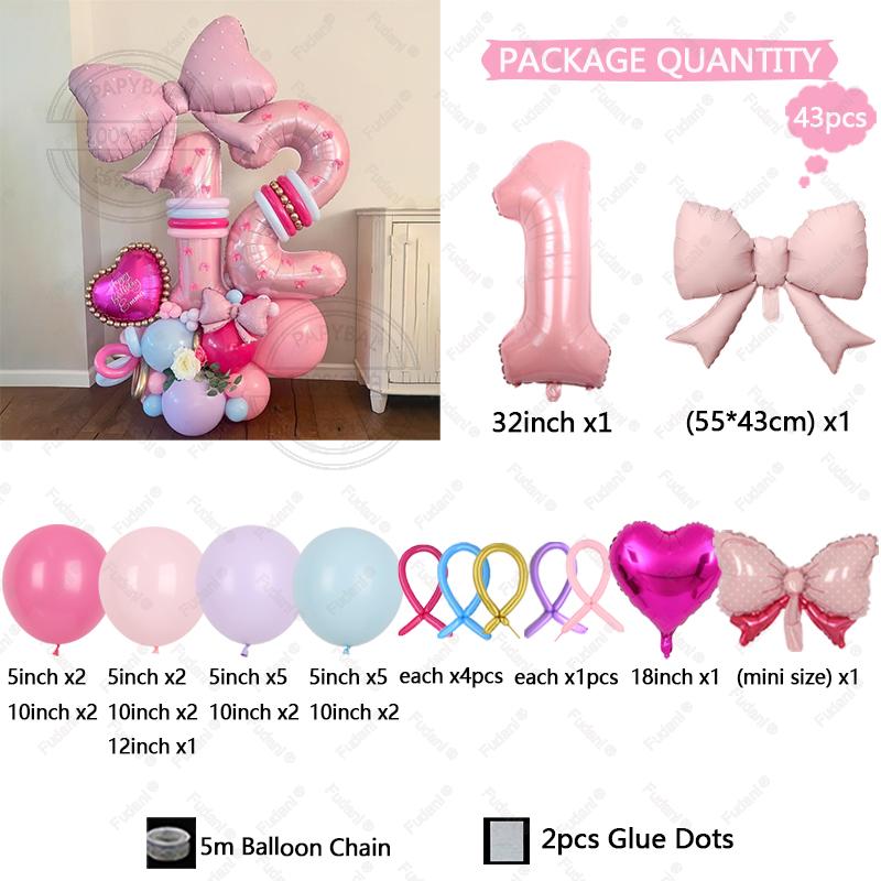 43PCS Pink Bow Theme Bouquet Balloon Set with 32inch Pink Number Girl First Birthday Party Decoration Baby Shower Helium Globos