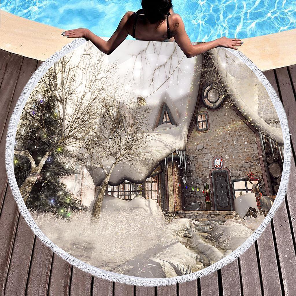 Winter Snow Scene Fantasy Tree Round Beach Towel Polyester Sand Resistant Shawl Beach Blankets, Quick Dry Pool Towels Picnic Mat