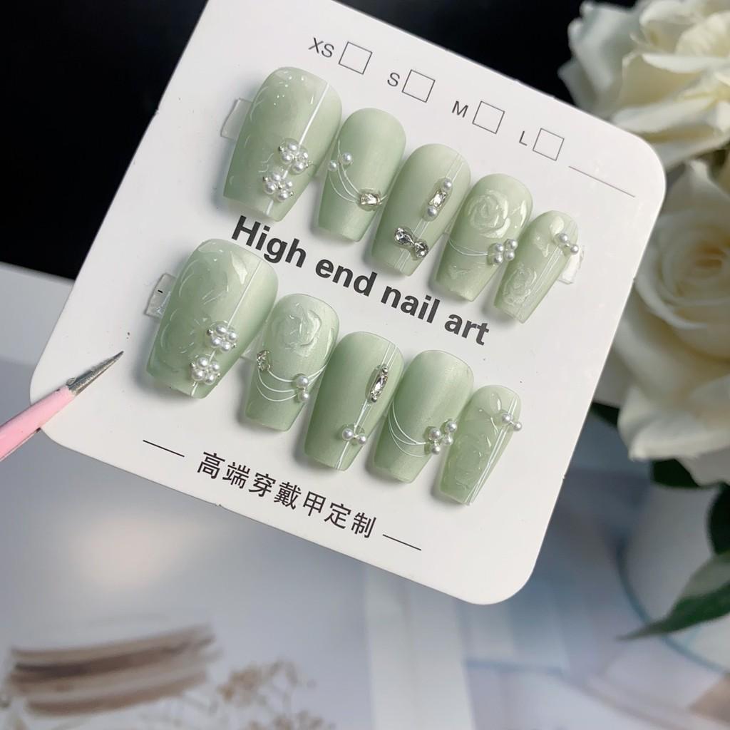 HANDMADE Artificial Nail Chinese Cheongsam Buttoned Flower Green Phototherapy Nails Fake Nails Reusable and Removable Nails