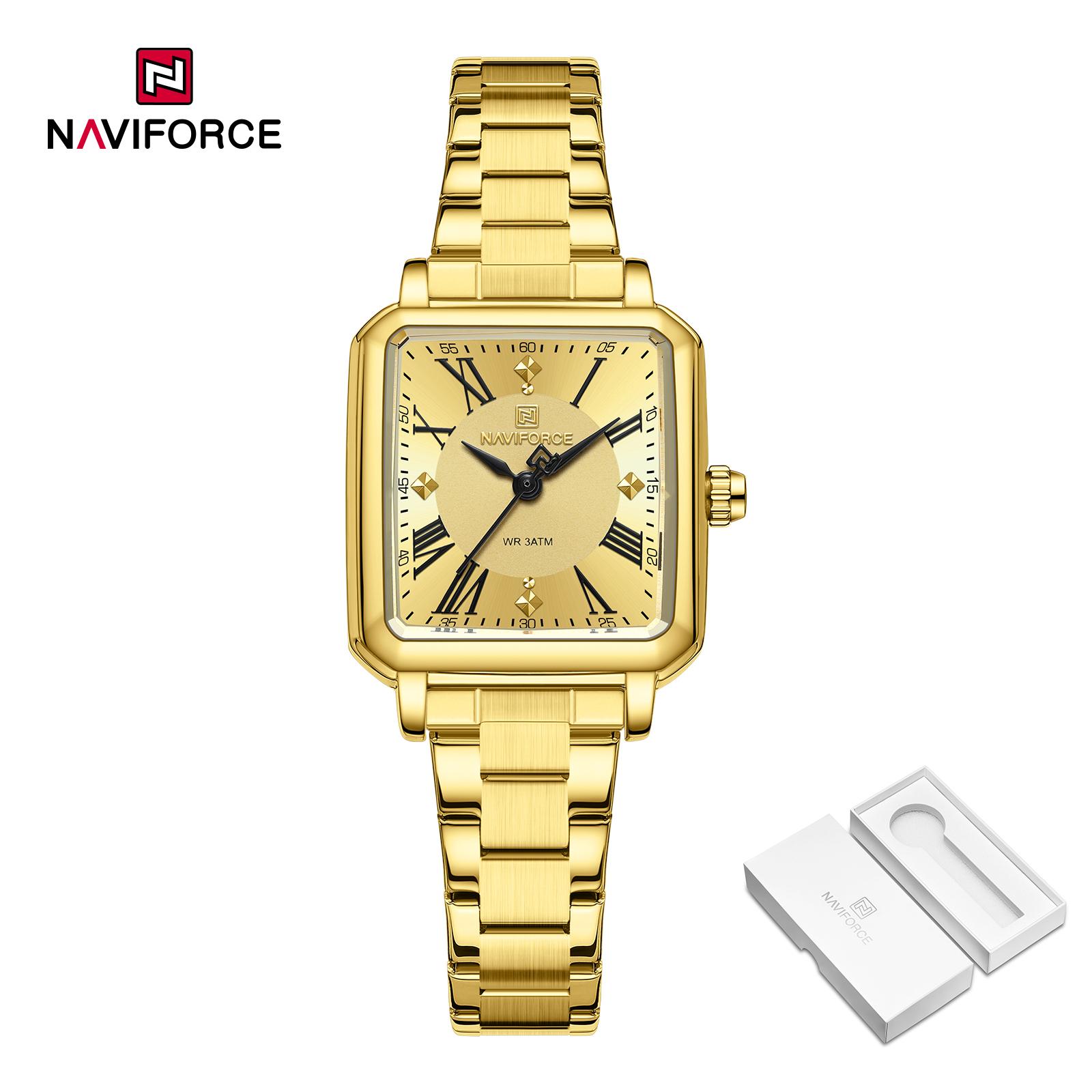 

NAVAFORCE Женские кварцевые часы Церемония Вечеринка Ремешок из нержавеющей стали Водонепроницаемые Квадратный римский циферблат Женские повседневные модные аксессуары Часы NF5065 золотой