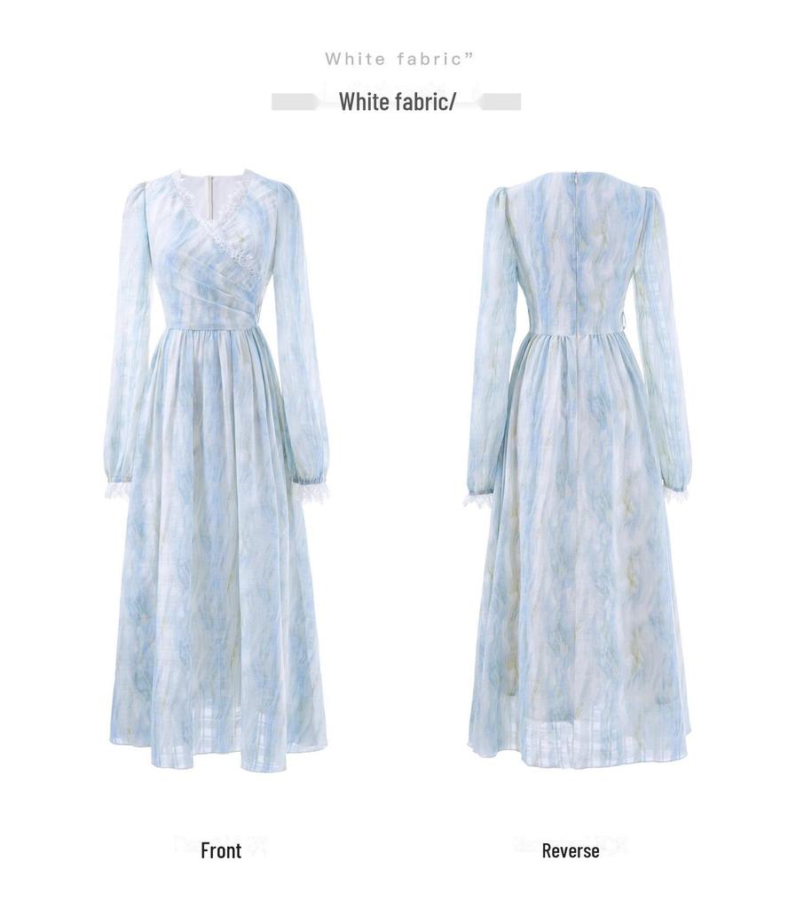 Rochie albastră cu dantelă, cu mâneci lungi, în stil franțuzesc, vopsită prin tehnica tie-dye, pentru femei