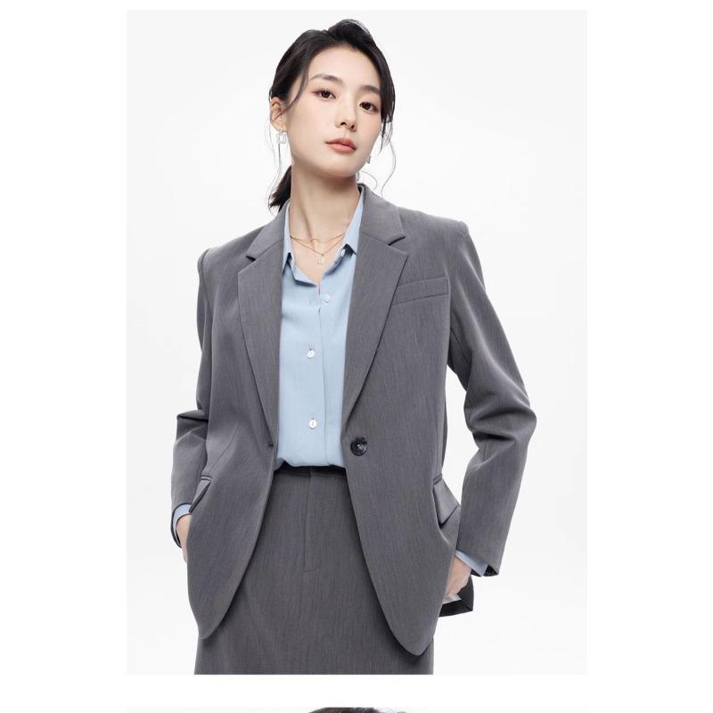 Elegant Grey Women Suit Set Professional Blazer Skirt Formal Business Outfit Interview Office Wear Petite