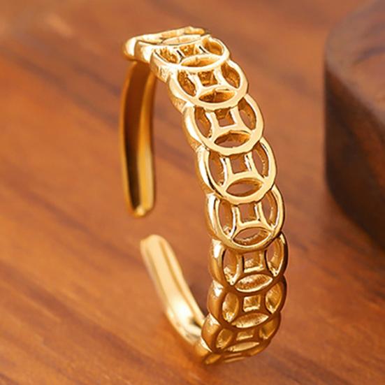 Women Ring Hollow Copper Coin Shape Adjustable Opening Design Finger Ring Fortune-Boosting Ring Versatile Jewelry Gift