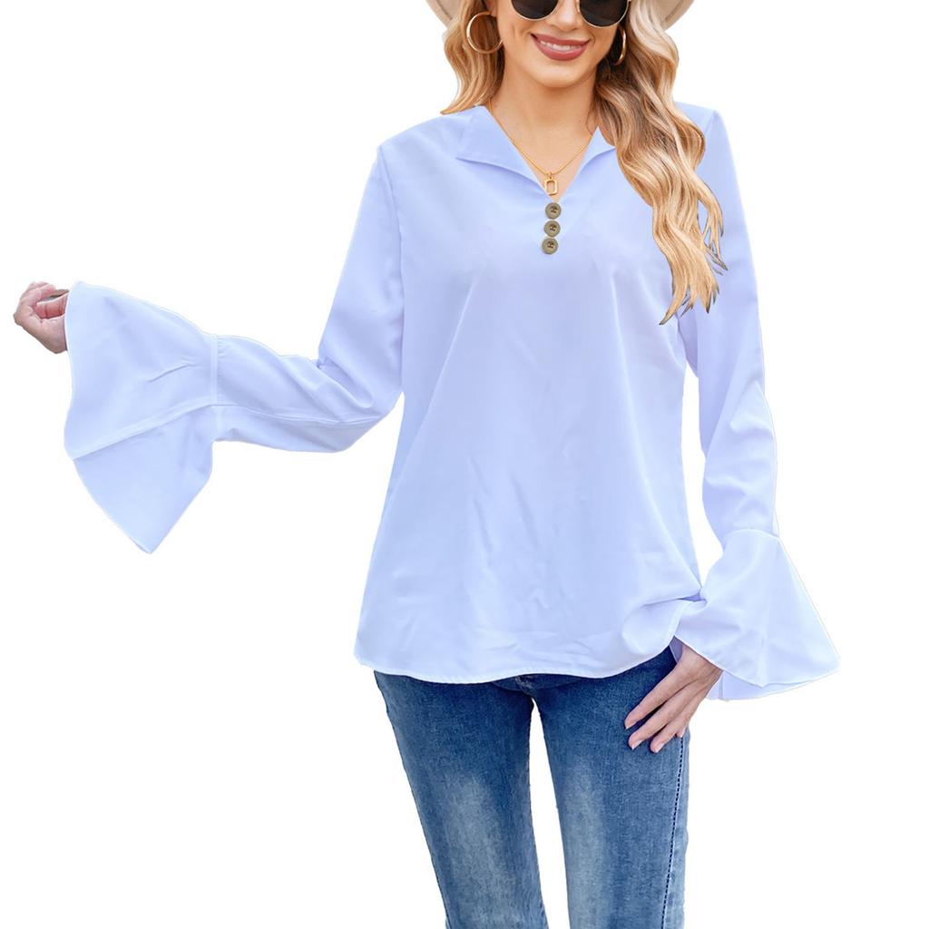 Women's Fashion V-Neck Ruffle Long Sleeve Shirt Solid Color Button Top