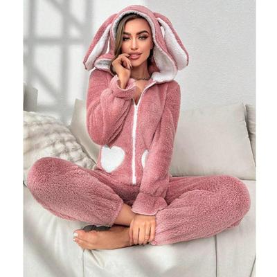 Color Block Kapuzen-Jumpsuit mit Hasenohren - Damen-Pyjama aus Korallenfleece für Herbst und Winter