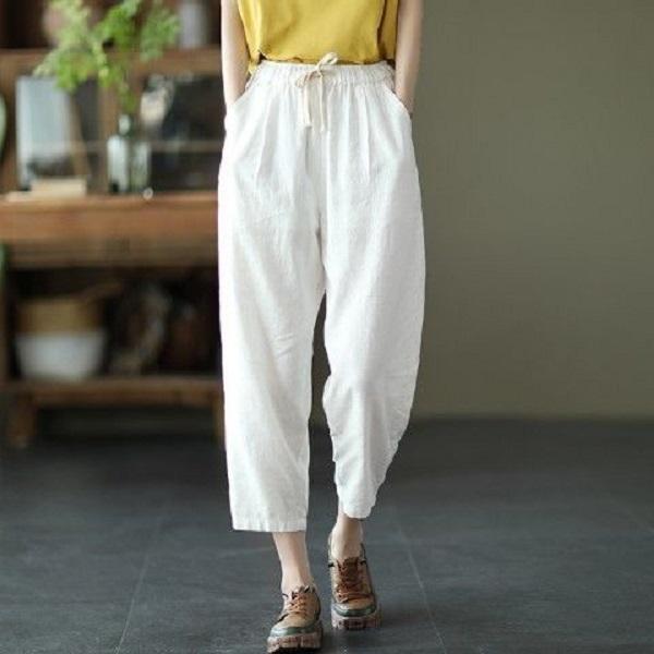 Cotton and Linen Pants, Women's Elastic Waisted Loose Casual Pants, Summer Retro Slimming, Lace Up Carrot Harem Pants