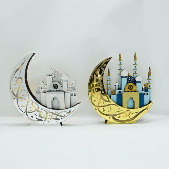 Ramadan Table Decoration Wooden Crescent Moon Star Eid Mubarak Ornament LED Light Up Ramadan Kareem Mosque Sign for Islamic Home Decor