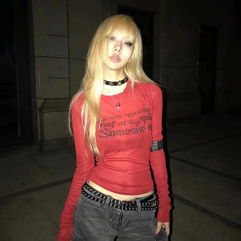 Grunge Aesthetics Letter Print T-shirt Trashy 2000s Style Long Sleeve Red T Shirt Japanese Y2k Distressed Tops American