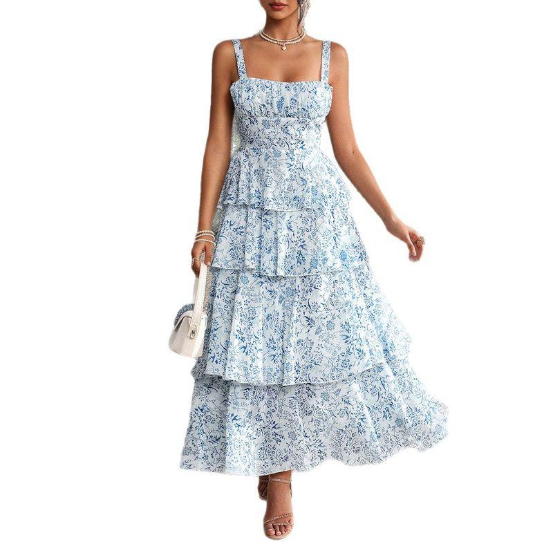 Amazon European and American Foreign Trade Women clothes 2025 Spring and Summer Temperament Mori look Floral Contrast Color Chiffon Sling Dress