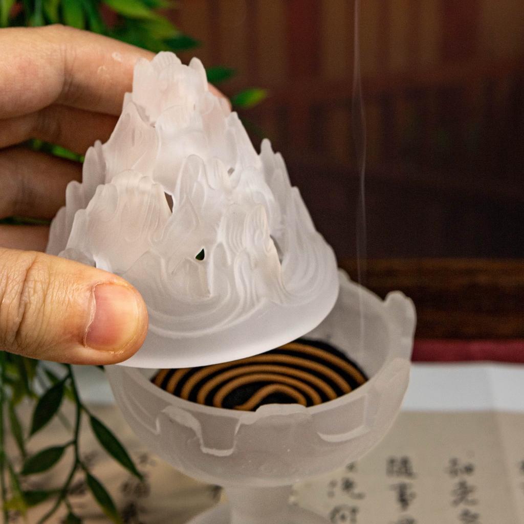 White Colored Glass Boshan Incense Burner,Chinese Zen Style Ornament,Incense Seal Making Furnace Incense Tea Ceremony,Coil Incense Aromatherapy Burner
