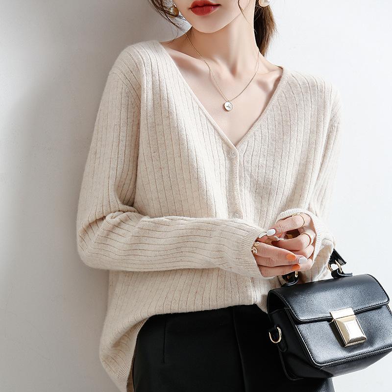 Women's V Neck Ribbed Knit Cardigan Thin Single Breasted Loose Slim Long Sleeve Knitwear Coat for Spring Autumn