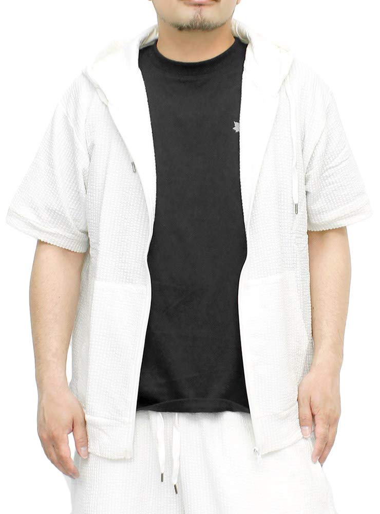 One Colors Men's Plus Size Seersucker Zip-Up Hoodie and Shorts Set, White (5L)