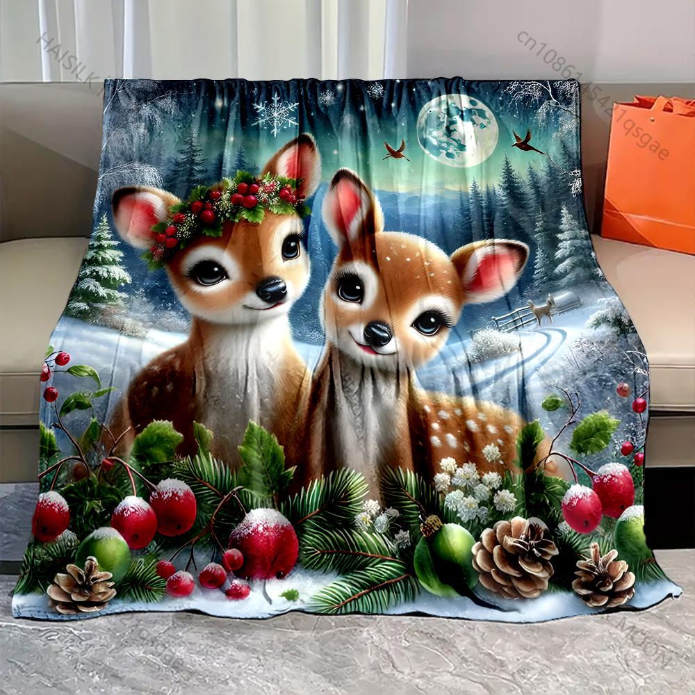 Christmas Deer with Festive Greenery Pattern Blanket Flannel Material Soft Warm for All Seasons Home Outdoor Camping Picnics RV
