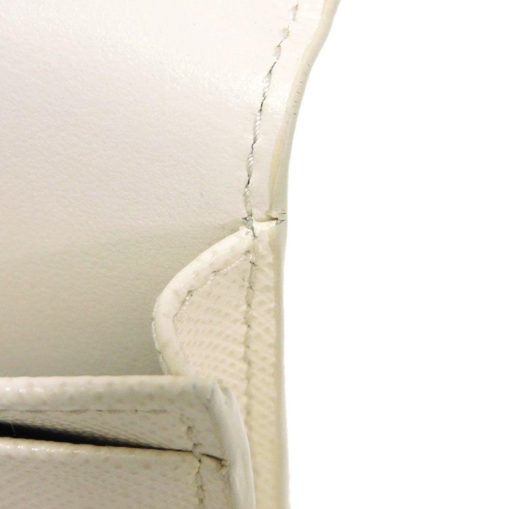 Used 11569 Saffiano Triangle Card Holder 1MC110 QHH F0009 7946 Current Calfskin White Bifold RFID Logo Bianco Unisex