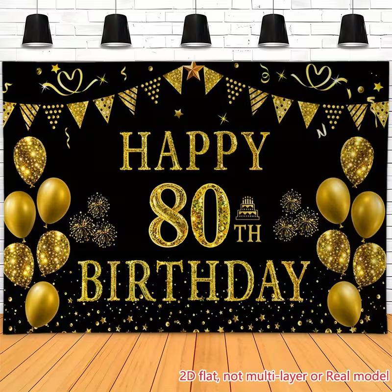 2D Black Gold Happy 80th Birthday Backdrop, 80th Birthday Celebration Photography Prop 47.2x31.5inch/120*80cm