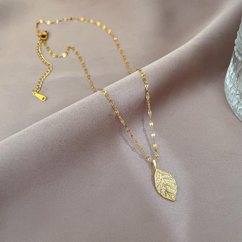 316L Stainless Steel Tree Leaf Pendant Necklace Cubic Zircon Clavicle Chain Necklace For Women Girl Gifts Jewelry