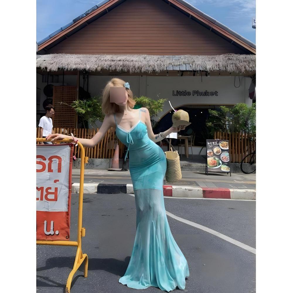 

Women s summer new slightly fat casual skirt smudged chic niche beautiful printed thin suspender fishtail skirt S- (can be worn within 45kg) м ята зелений колір