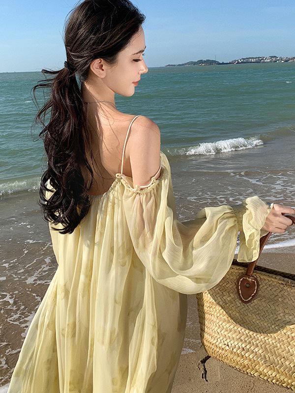 Elegant Long-Sleeved Tassel Macrame Vacation Dress
